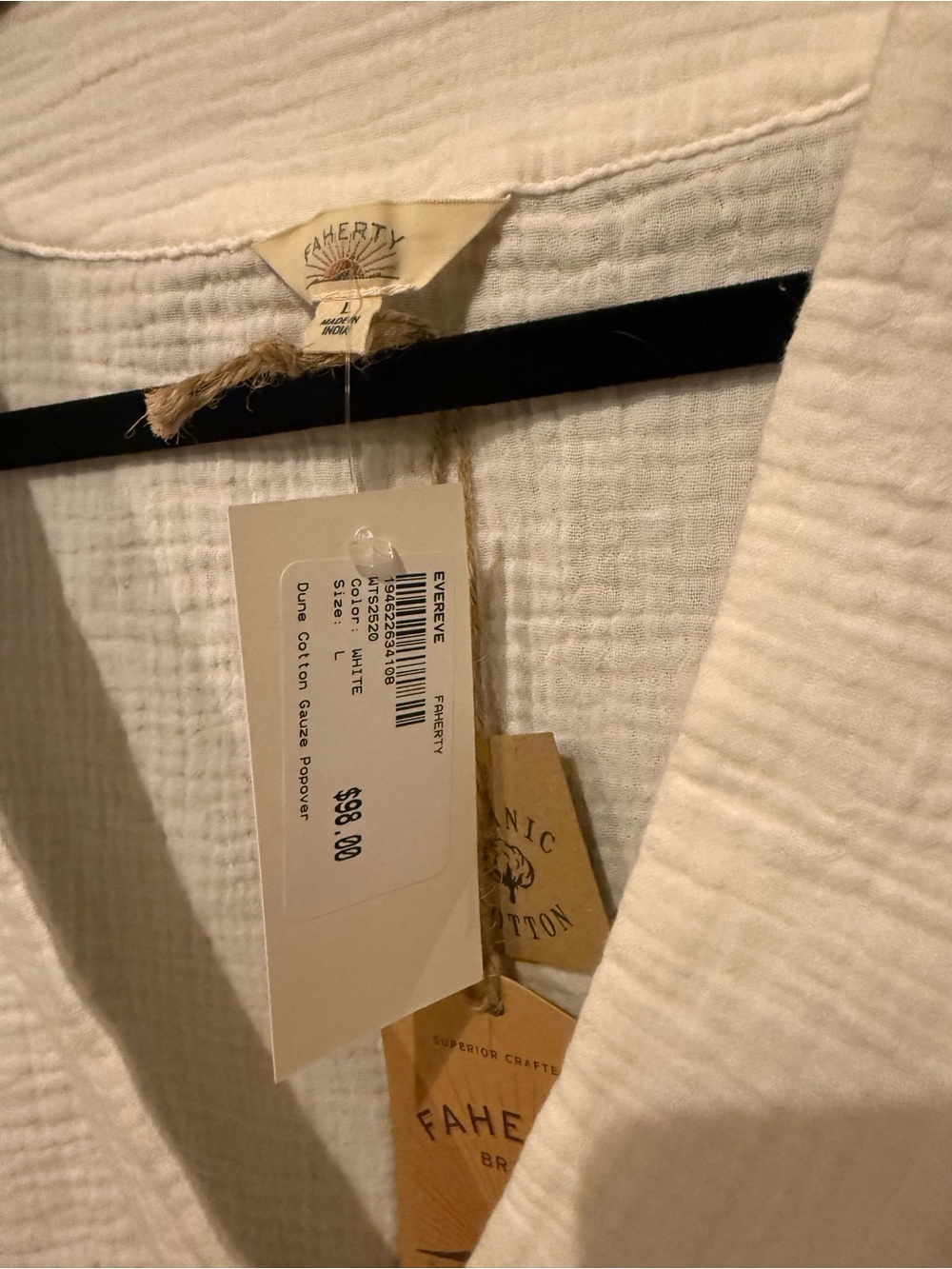 🌊 NEW Faherty Dune 100% Organic Cotton Gauze White V-Neck Popover - Picture 4 of 12